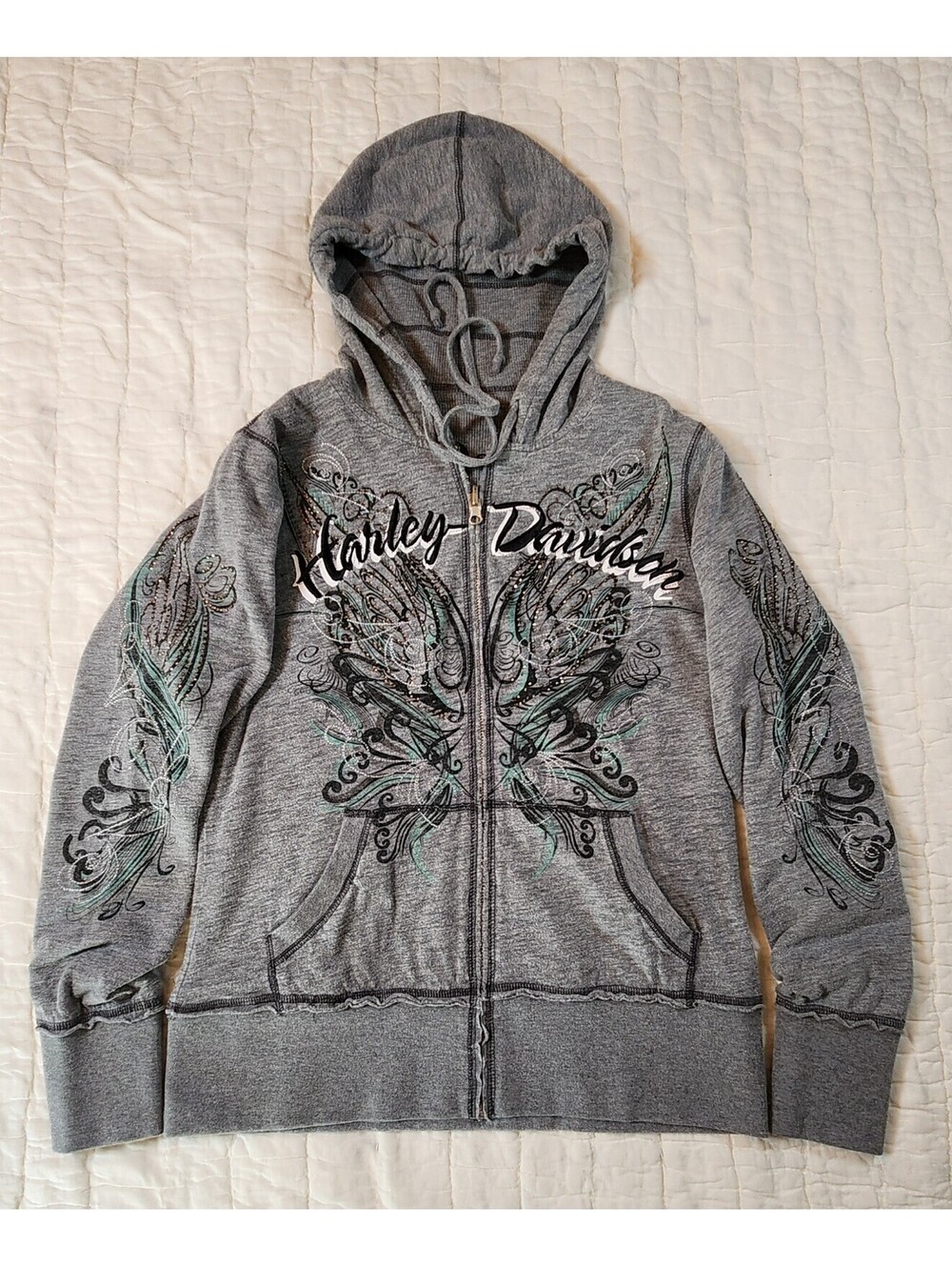 VTG Harley Davidson Reversible Thermal Hoodie Rhinestone Butterfly Skull Sz Med